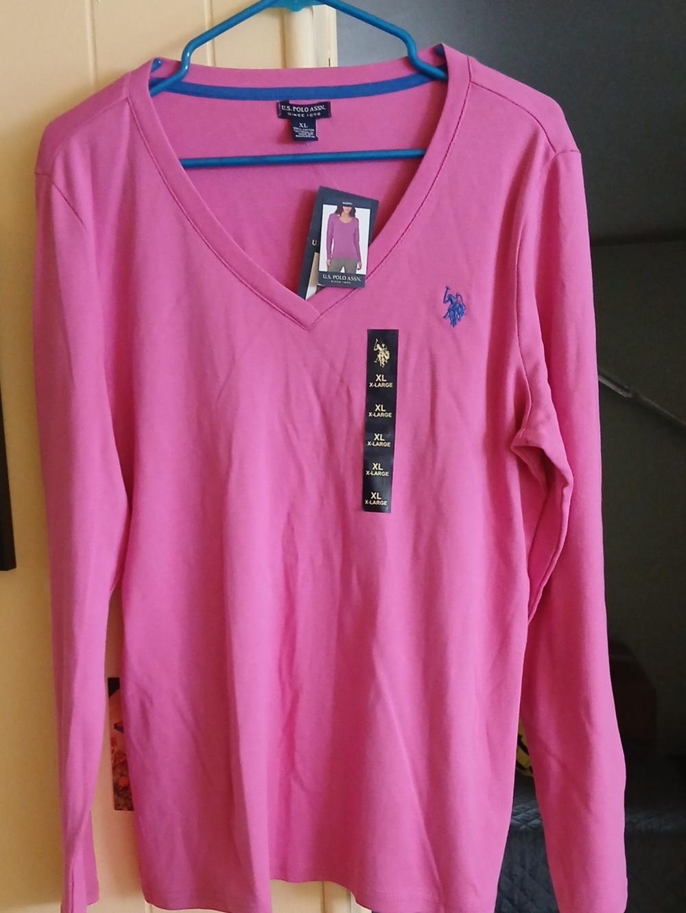 U.S. Polo Assn. Long Sleeve V-Neck Tee in Hot Pink with Blue Logo